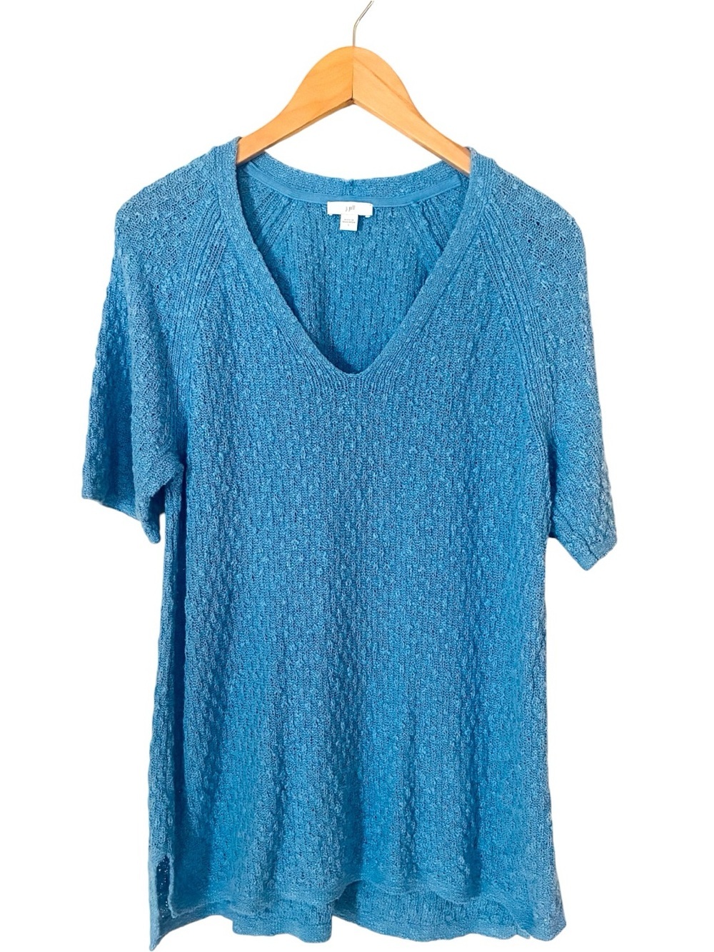 J. Jill Sz LARGE Blue Textured V-Neck Short Sleeve Tunic Sweater Top Coastal